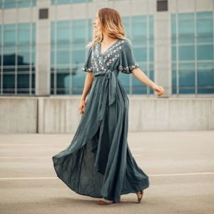 New! Jodifl Flowy Boho Embroidered Faux Wrap Maxi Dress